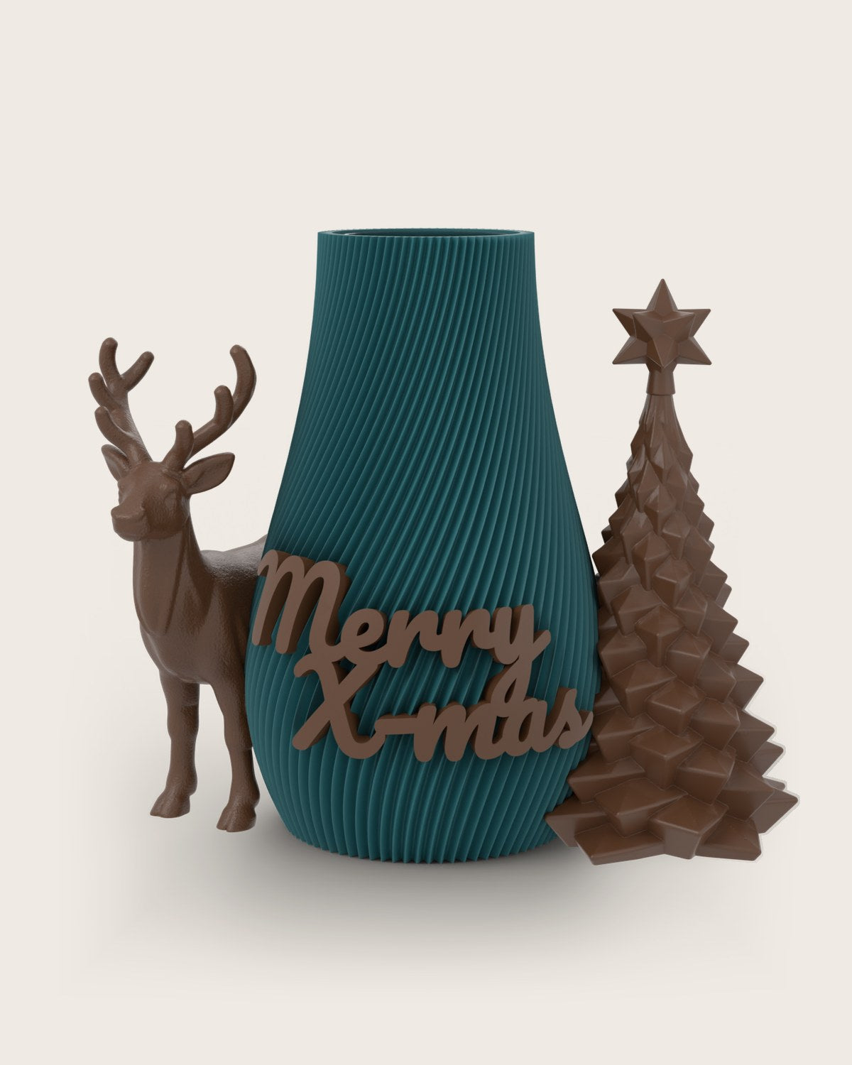 Weihnachtsvase Clipvase in Petrol mit Clips „Merry X-Mas“, Rentier und Tannenbaum in Kupfer