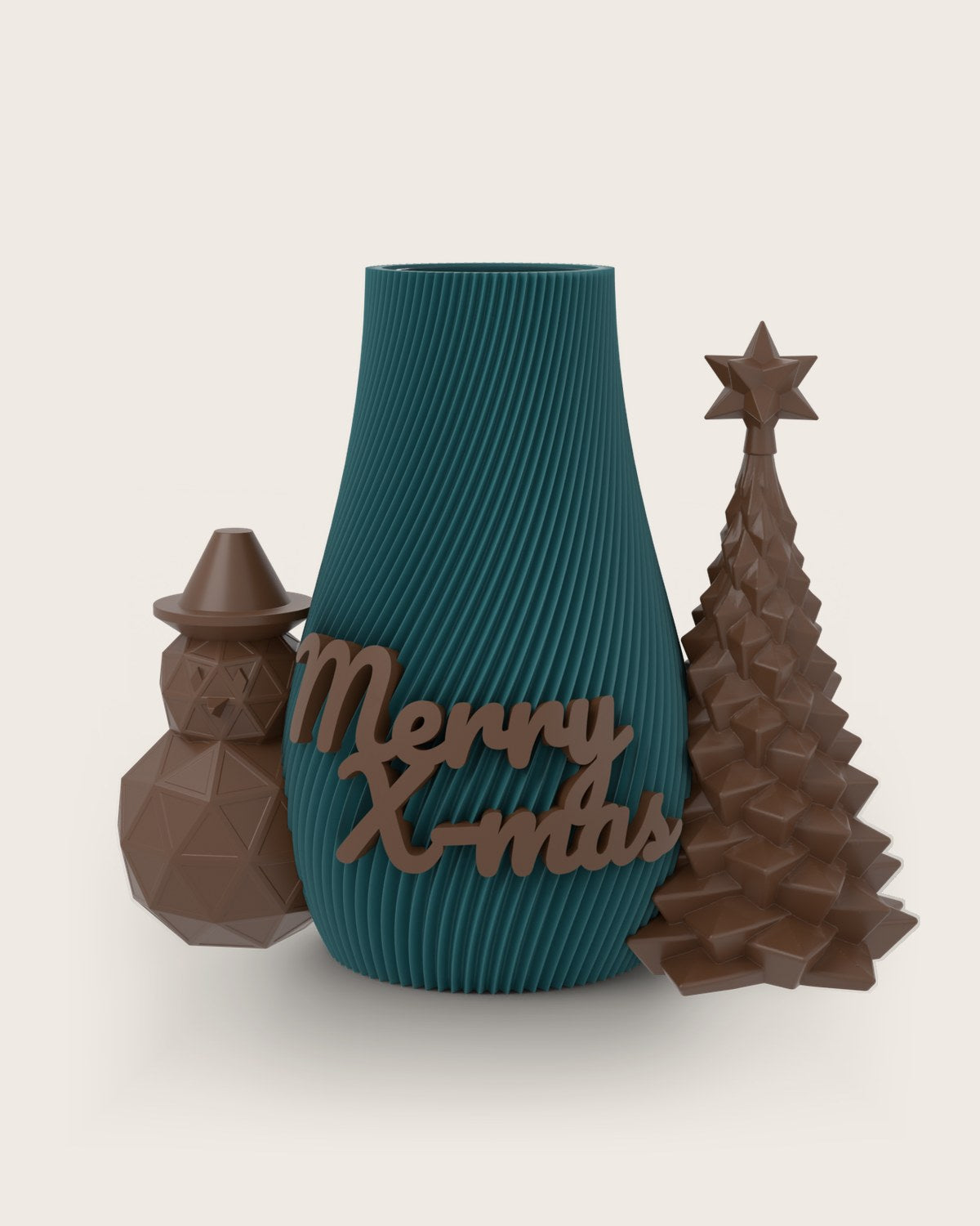 Weihnachtsvase Clipvase in Petrol mit Clips „Merry X-Mas“, Schneemann und Tannenbaum in Kupfer