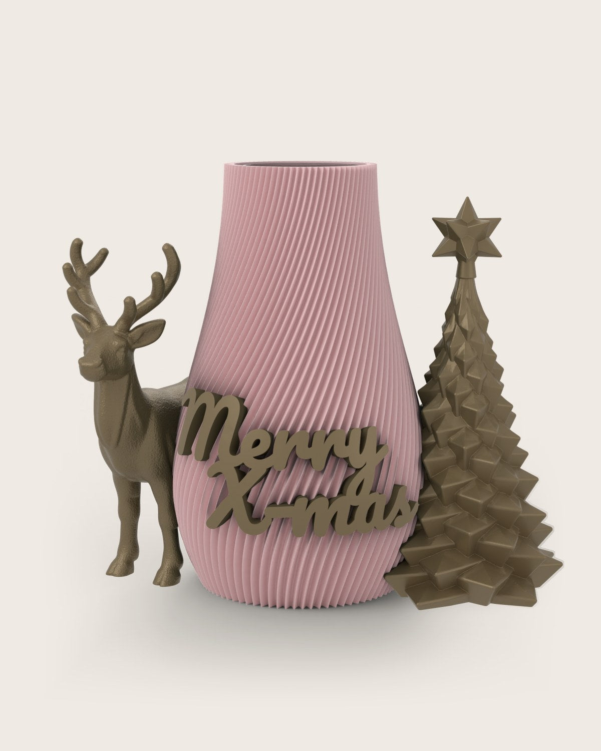 Weihnachtsvase Clipvase in Rosa mit Clips „Merry X-Mas“, Rentier und Tannenbaum in Gold