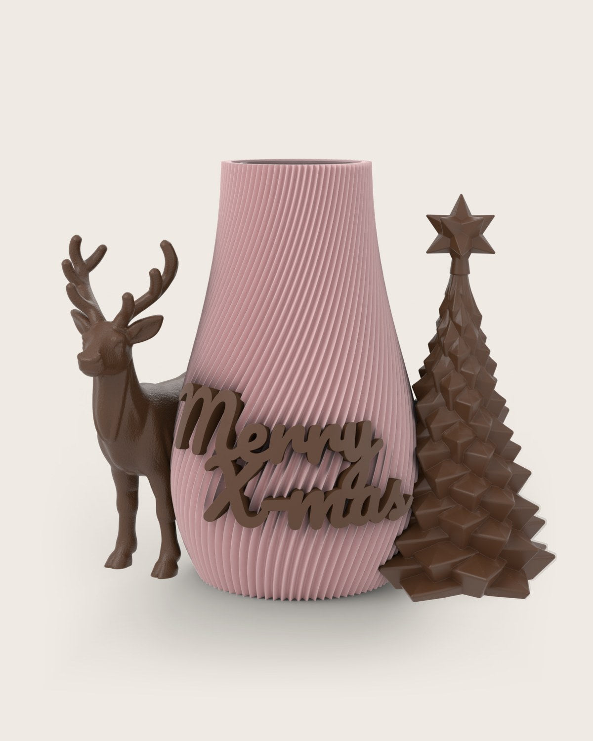 Weihnachtsvase Clipvase in Rosa mit Clips „Merry X-Mas“, Rentier und Tannenbaum in Kupfer