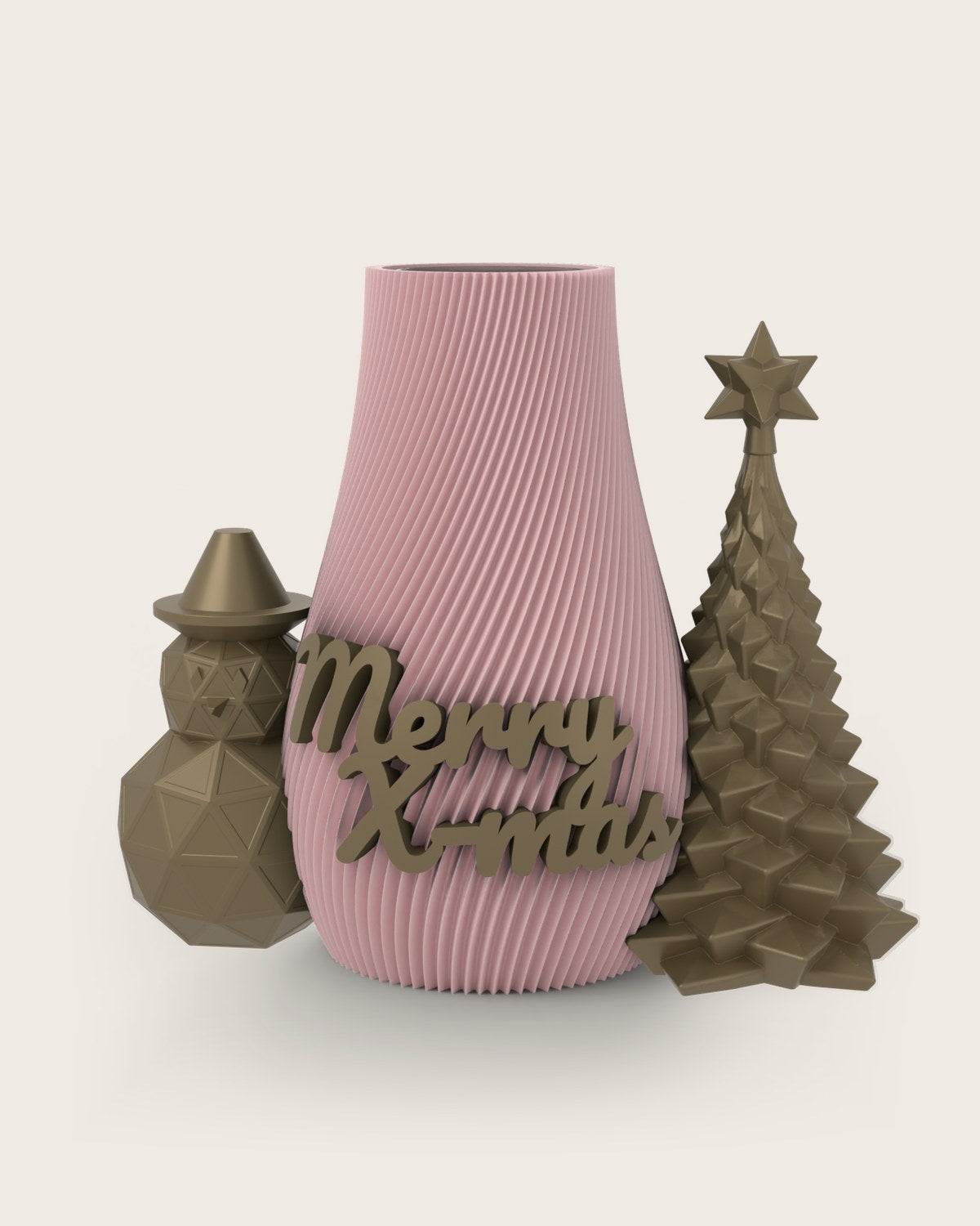 Weihnachtsvase Clipvase in Rosa mit Clips „Merry X-Mas“, Schneemann und Tannenbaum in Gold