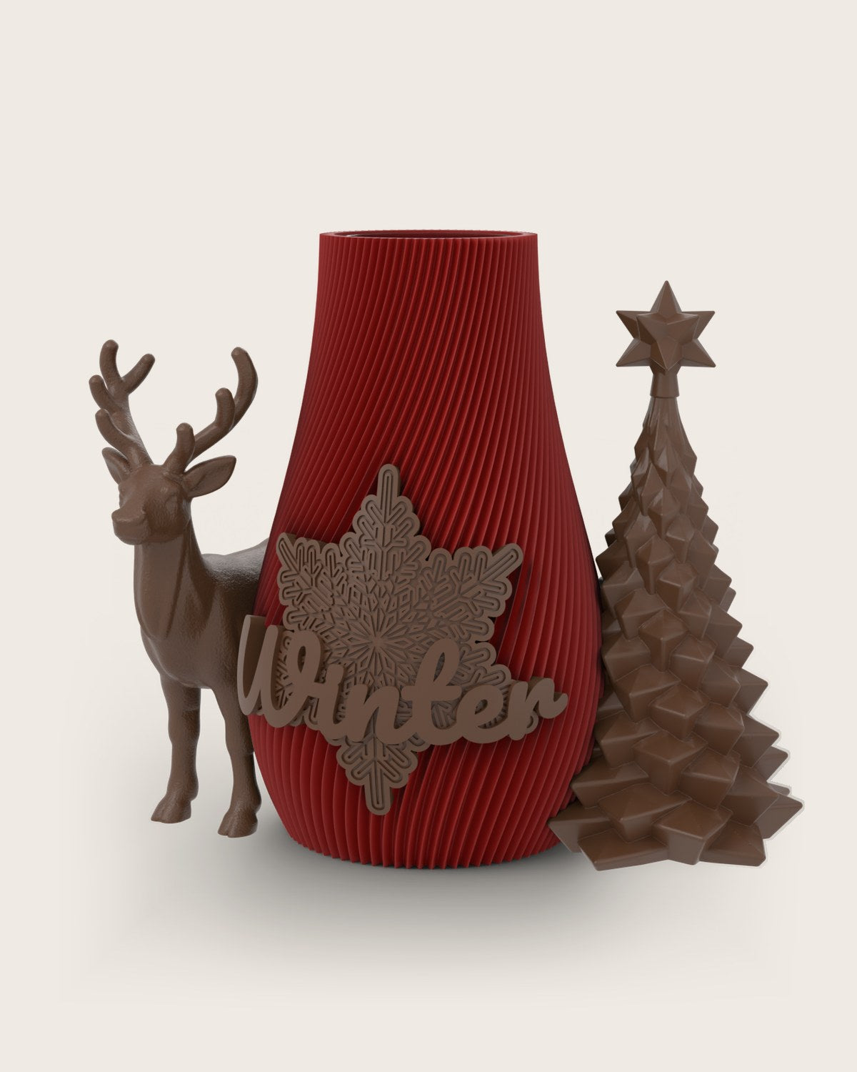 Weihnachtsvase Clipvase in Rubin mit Clips „Winter“, Rentier und Tannenbaum in Kupfer