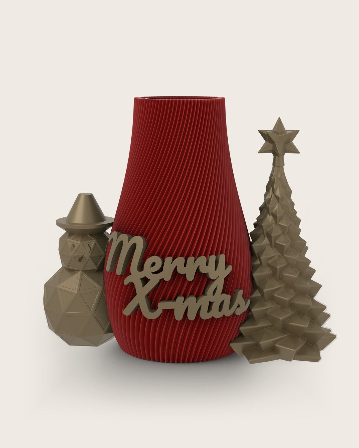 Weihnachtsvase Clipvase in Rubin mit Clips „Merry X-Mas“, Schneemann und Tannenbaum in Gold