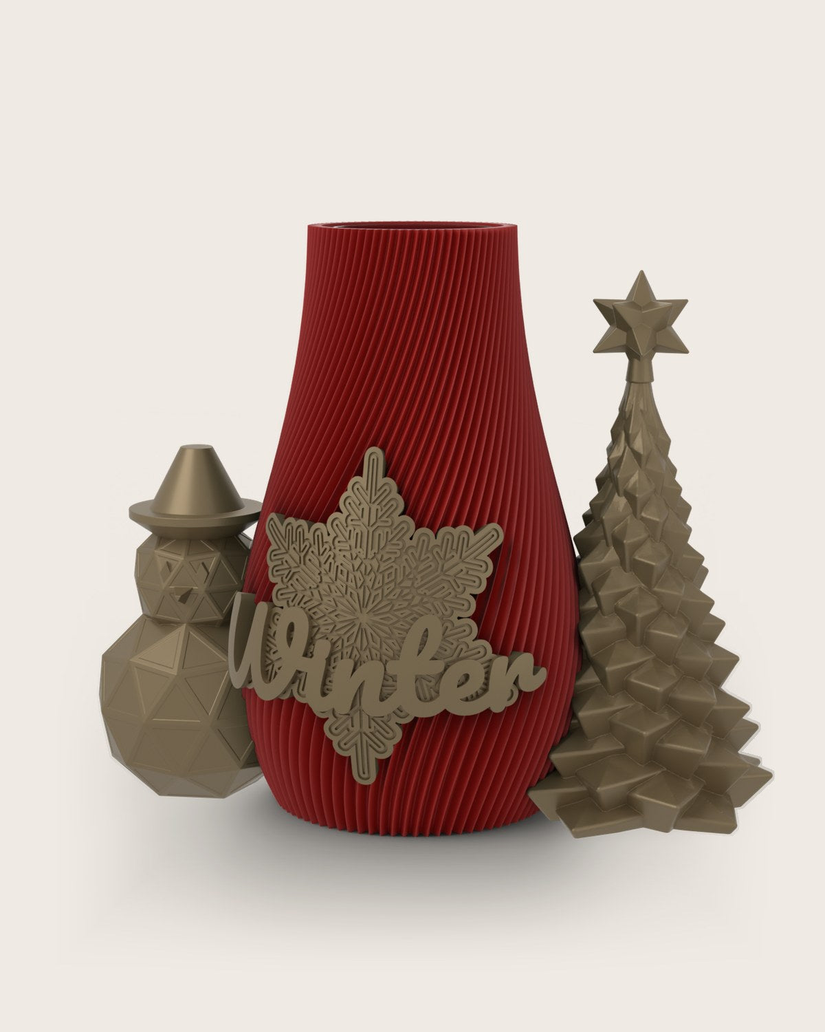 Weihnachtsvase Clipvase in Rubin mit Clips „Winter“, Schneemann und Tannenbaum in Gold