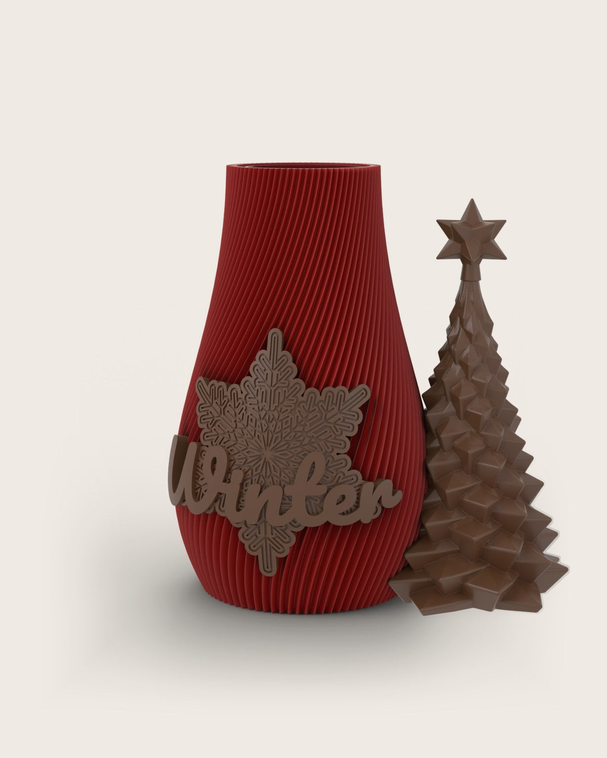Weihnachtsvase Clipvase in Rubin mit Clips „Winter“ und Tannenbaum in Kupfer
