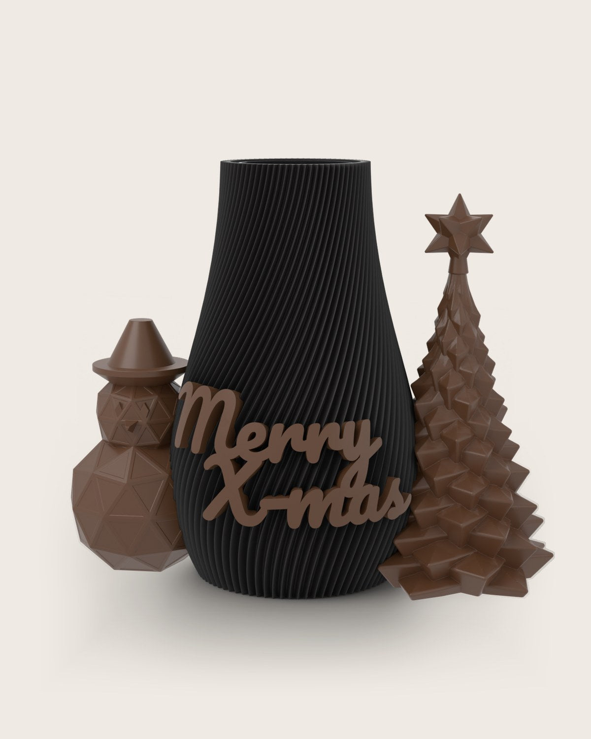 Weihnachtsvase Clipvase in Schwarz mit Clips „Merry X-Mas“, Schneemann und Tannenbaum in Kupfer