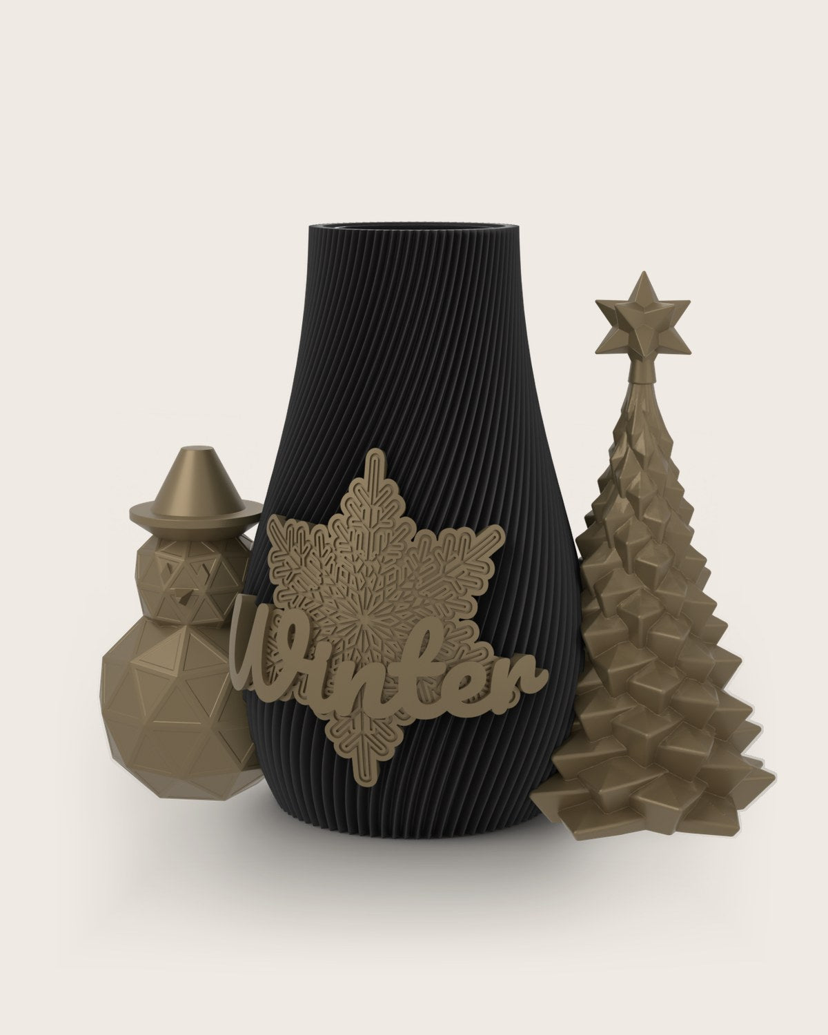 Weihnachtsvase Clipvase in Schwarz mit Clips „Winter“, Schneemann und Tannenbaum in Gold