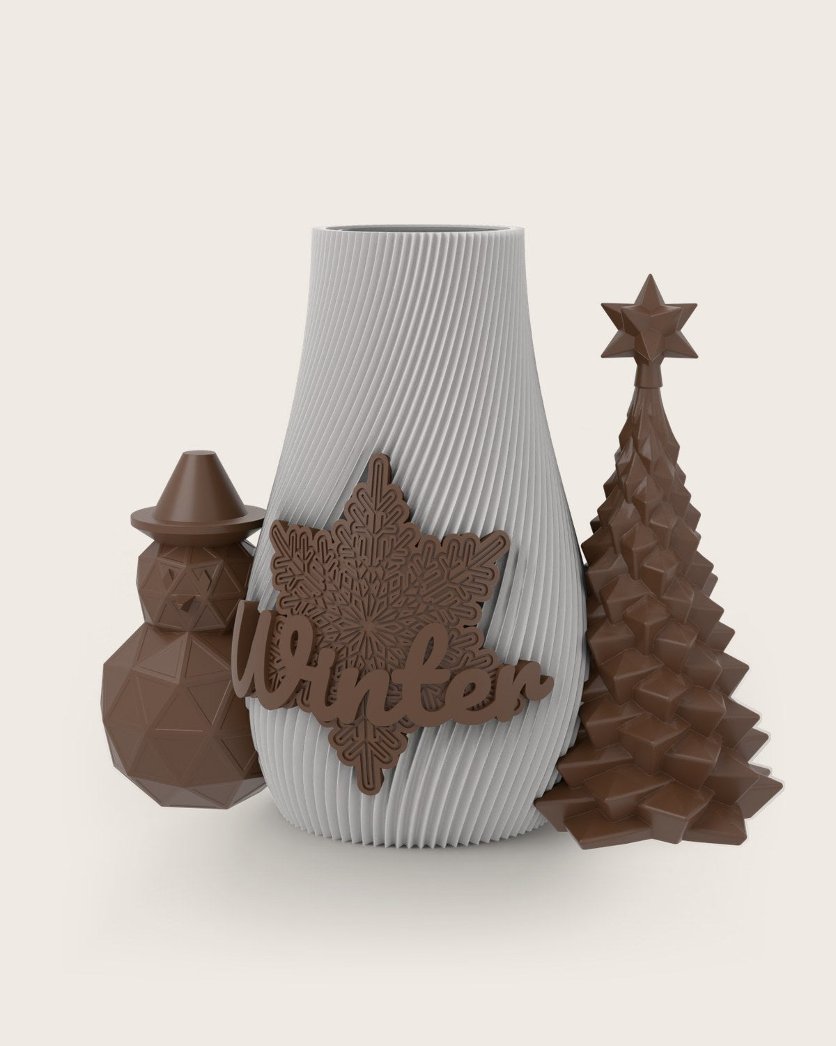 Weihnachtsvase Clipvase in Weiß mit Clips „Winter“, Schneemann und Tannenbaum in Kupfer