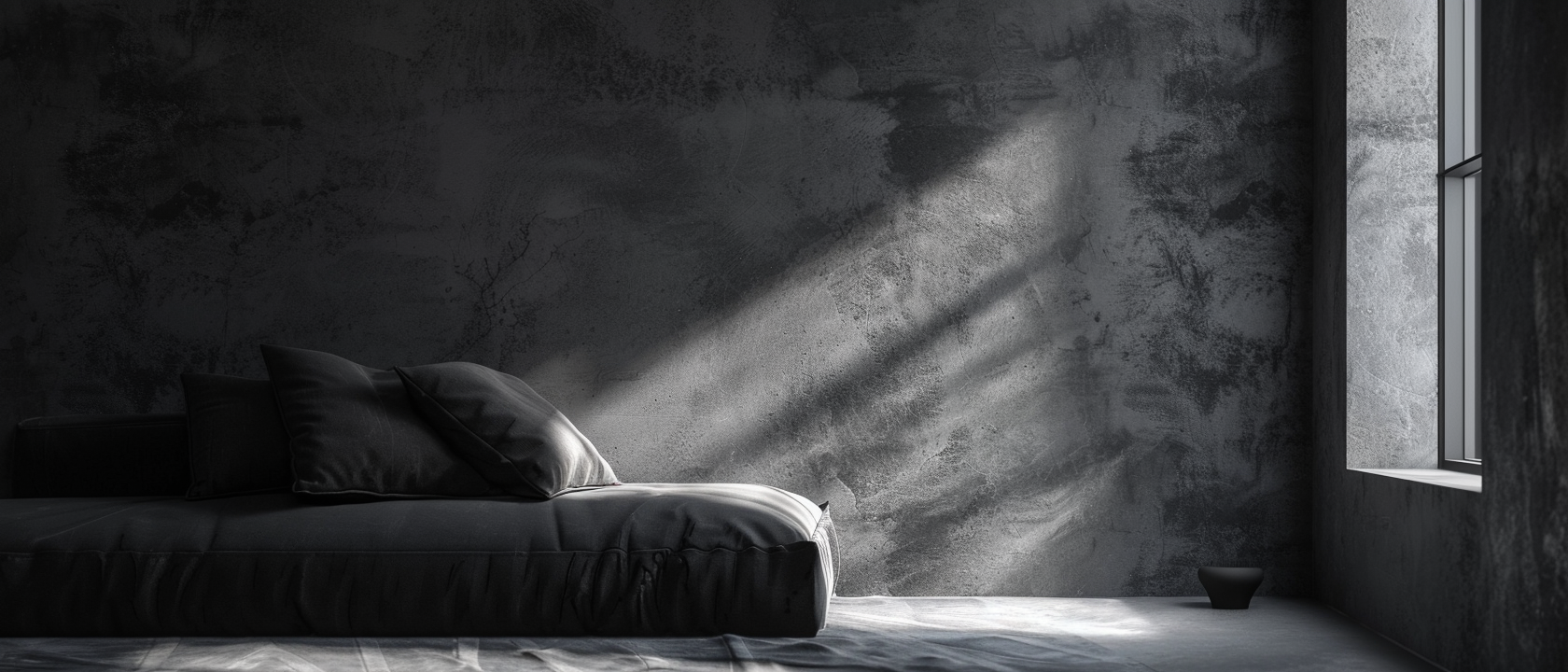 Dunkler, minimalistischer Raum mit gezieltem Lichteinfall, weichen Schatten und ruhiger Atmosphäre