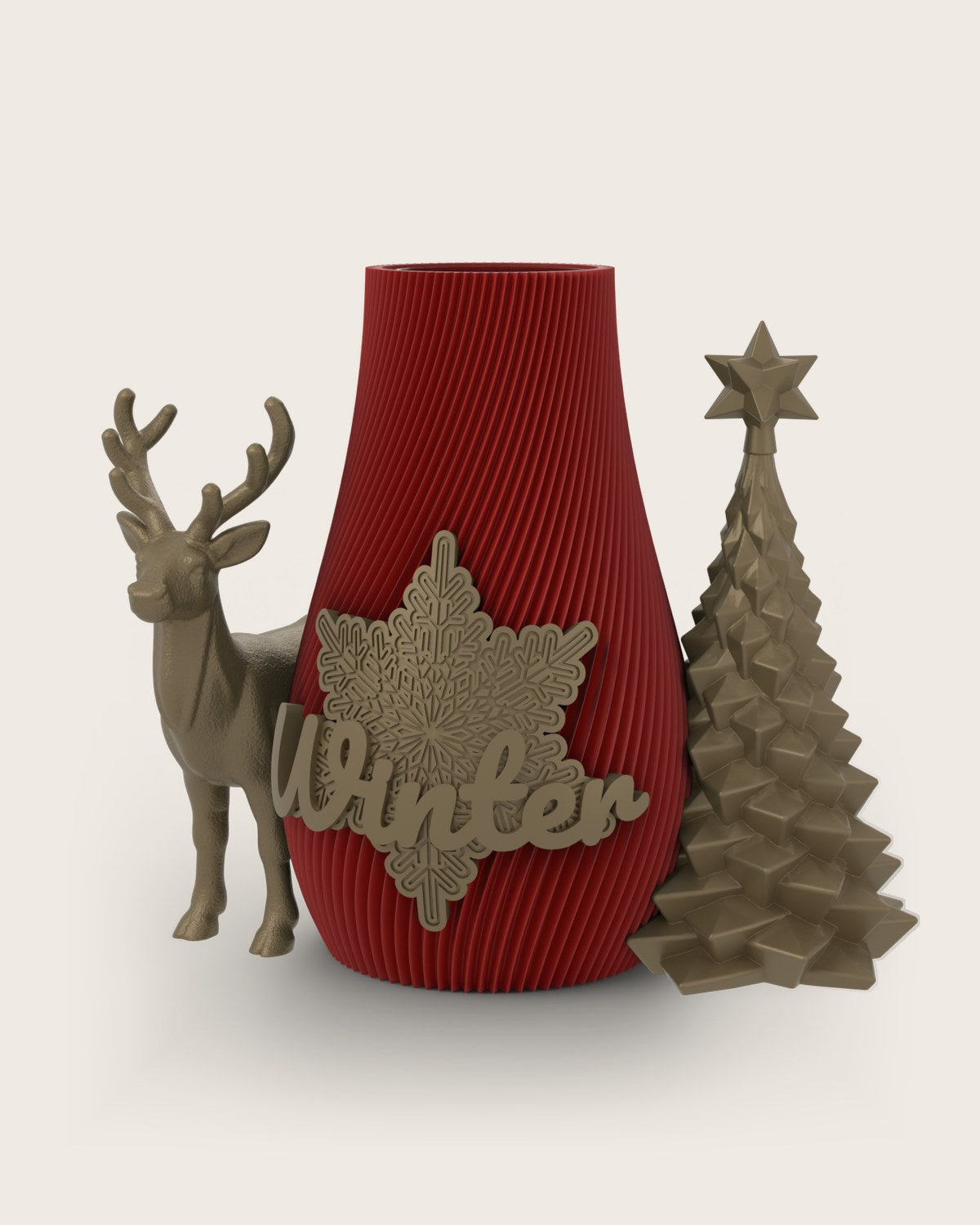 Weihnachtsvase Clipvase in Rubin mit Clips „Winter“, Rentier und Tannenbaum in Gold
