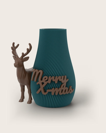 Weihnachtsvase Clipvase in Petrol mit Clips „Merry X-Mas“ und Rentier in Kupfer