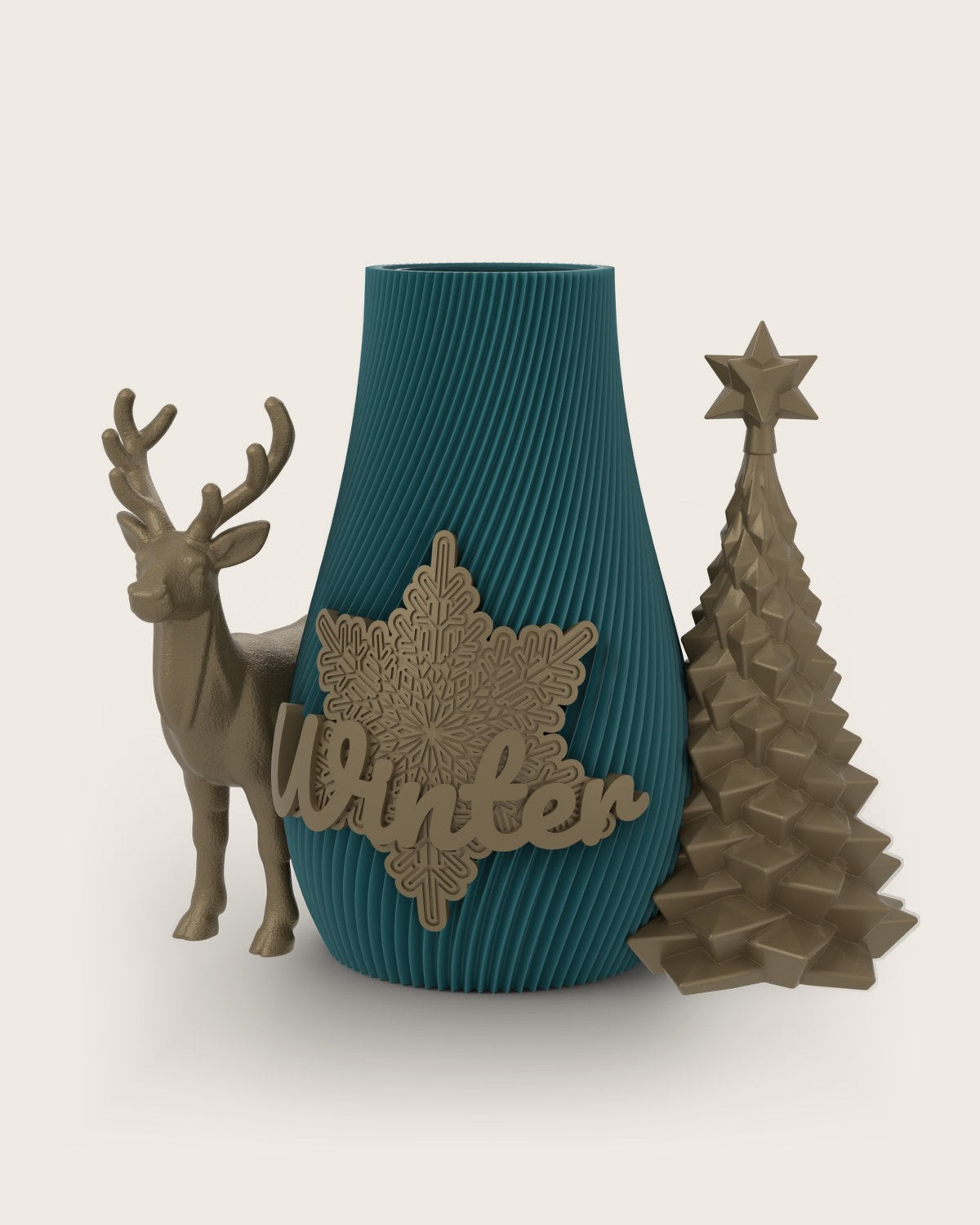 Weihnachtsvase Clipvase in Petrol mit Clips „Winter“, Rentier und Tannenbaum in Gold