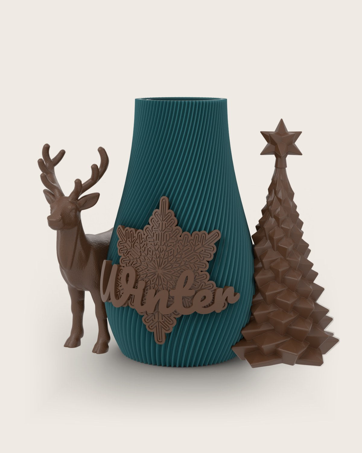 Weihnachtsvase Clipvase in Petrol mit Clips „Winter“, Rentier und Tannenbaum in Kupfer
