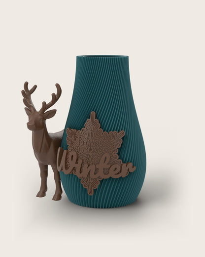Weihnachtsvase Clipvase in Petrol mit Clips „Winter“ und Rentier in Kupfer