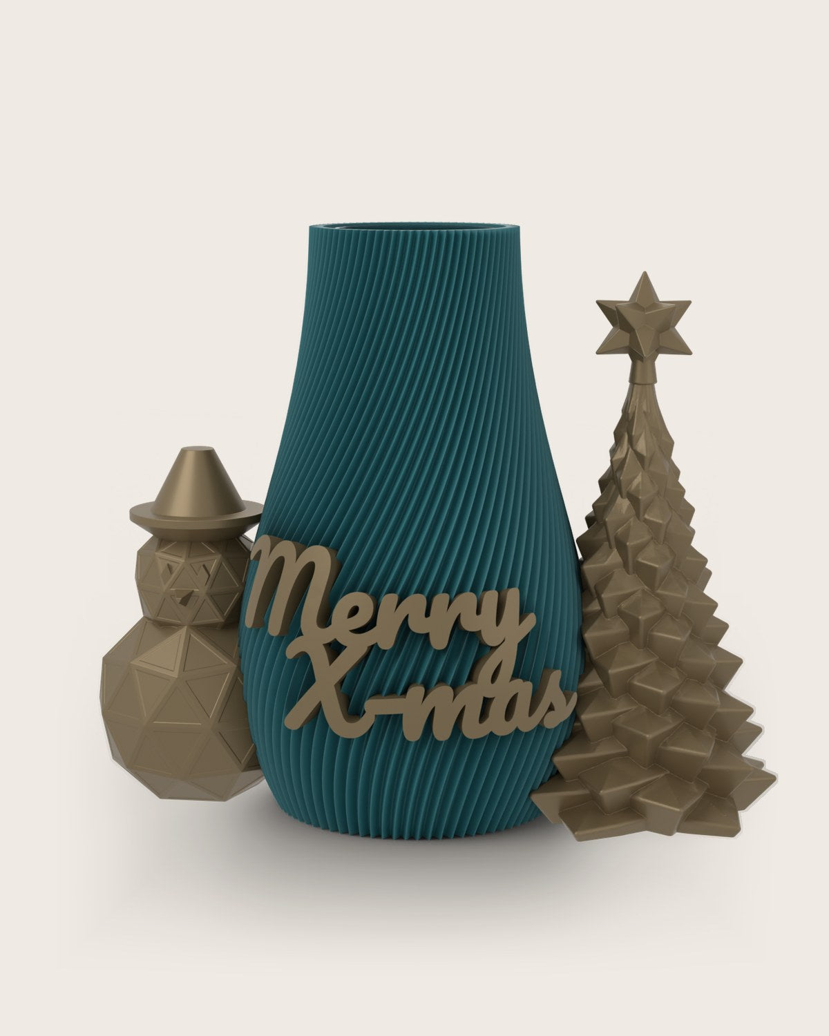 Weihnachtsvase Clipvase in Petrol mit Clips „Merry X-Mas“, Schneemann und Tannenbaum in Gold