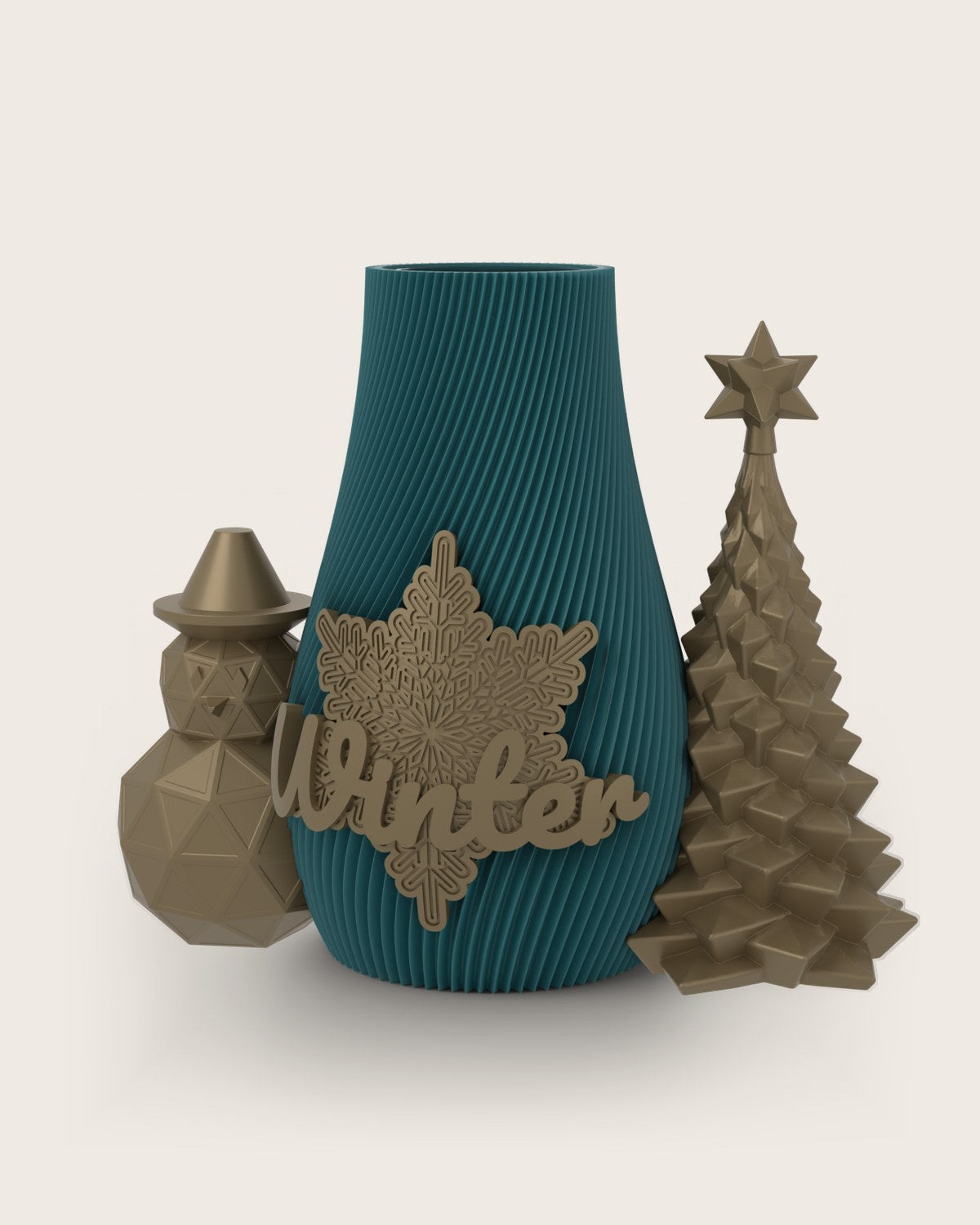 Weihnachtsvase Clipvase in Petrol mit Clips „Winter“, Schneemann und Tannenbaum in Gold