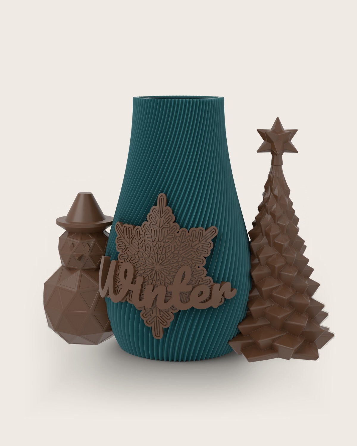 Weihnachtsvase Clipvase in Petrol mit Clips „Winter“, Schneemann und Tannenbaum in Kupfer