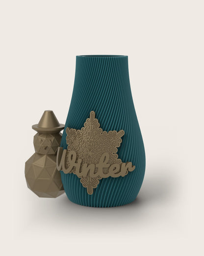 Weihnachtsvase Clipvase in Petrol mit Clips „Winter“ und Schneemann in Gold
