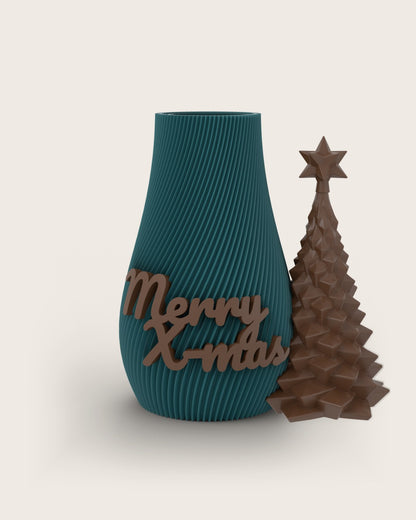 Weihnachtsvase Clipvase in Petrol mit Clips „Merry X-Mas“ und Tannenbaum in Kupfer