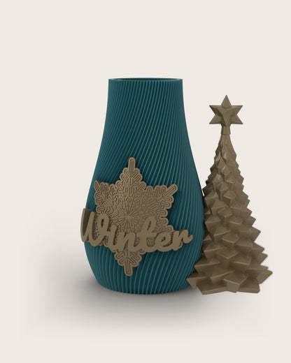 Weihnachtsvase Clipvase in Petrol mit Clips „Winter“ und Tannenbaum in Gold