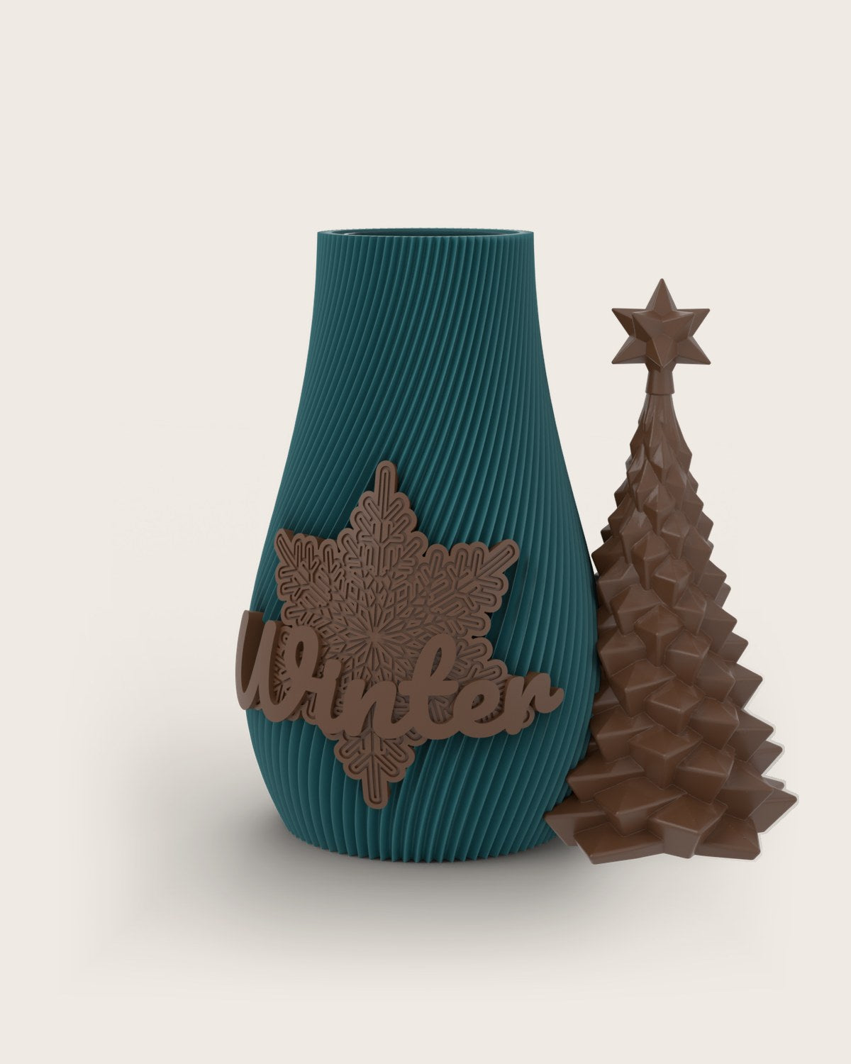 Weihnachtsvase Clipvase in Petrol mit Clips „Winter“ und Tannenbaum in Kupfer