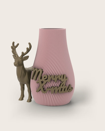 Weihnachtsvase Clipvase in Rosa mit Clips „Merry X-Mas“ und Rentier in Gold