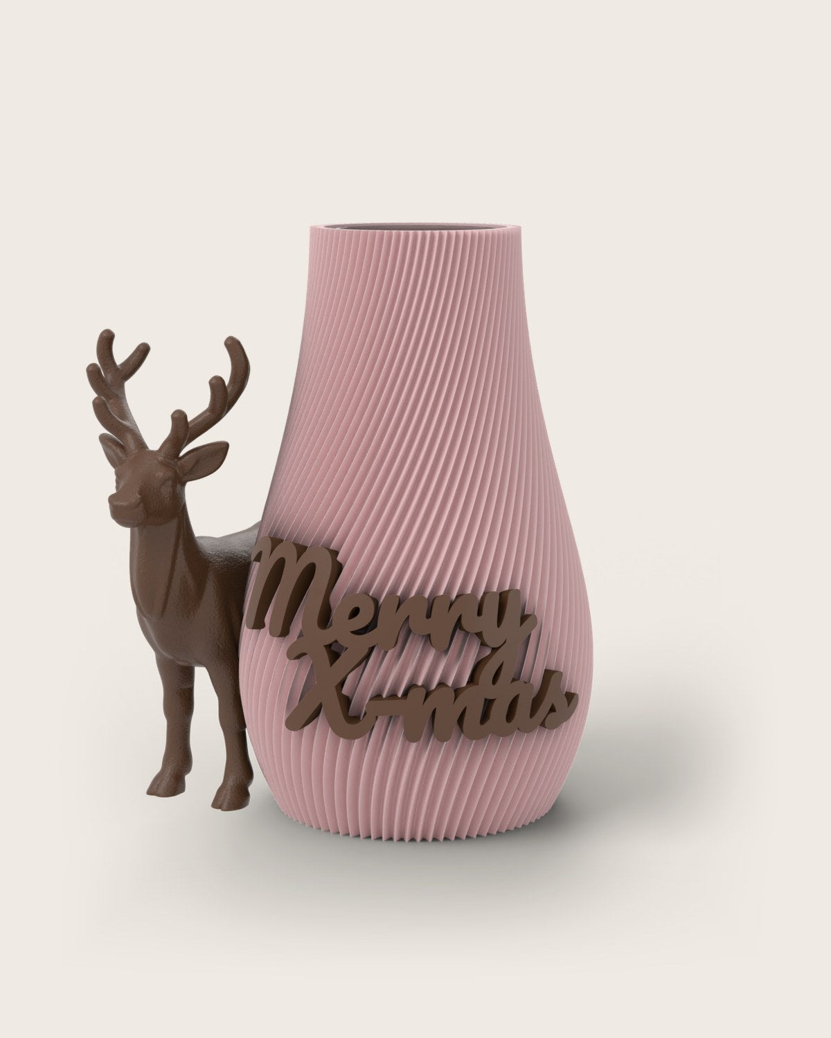 Weihnachtsvase Clipvase in Rosa mit Clips „Merry X-Mas“ und Rentier in Kupfer