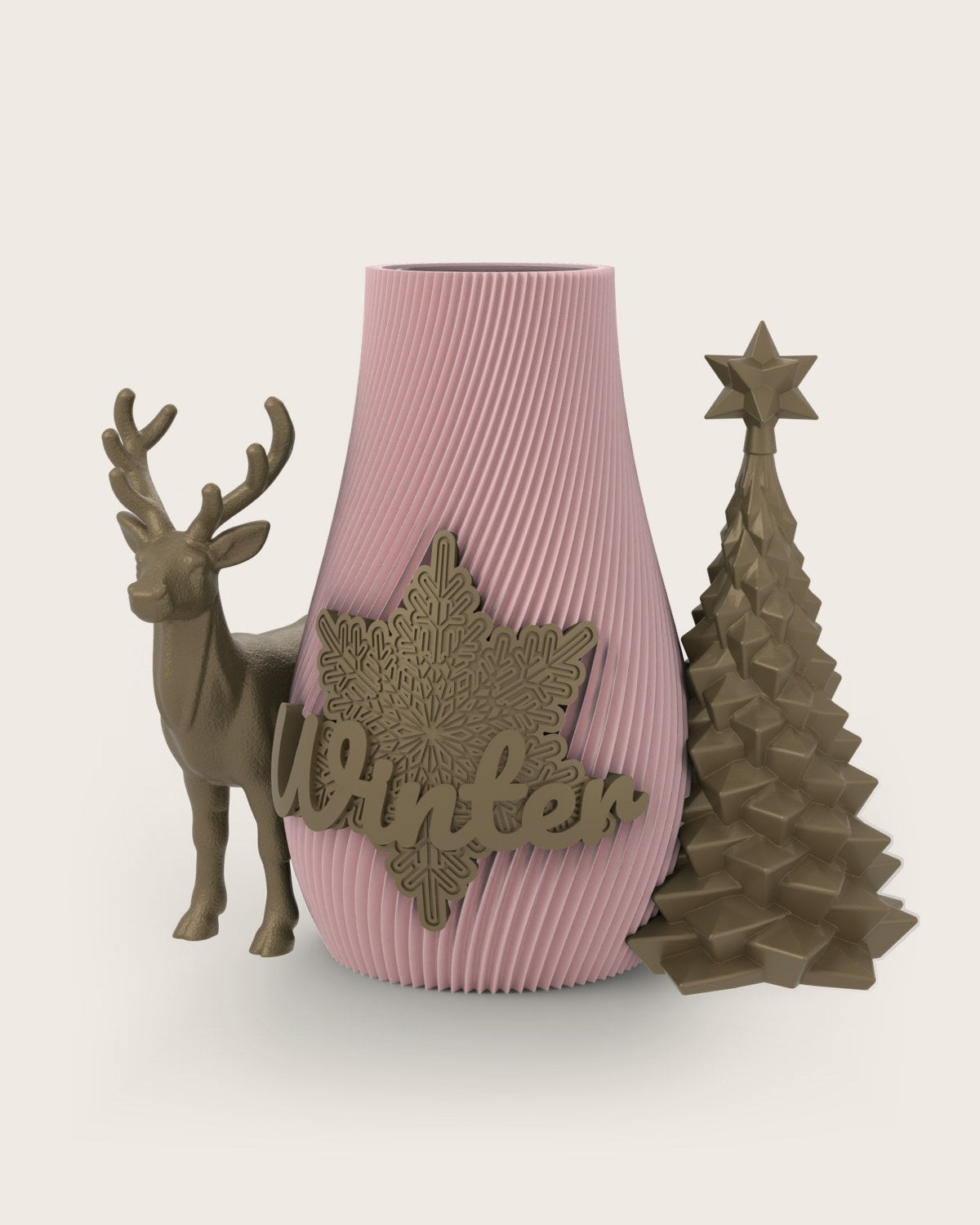 Weihnachtsvase Clipvase in Rosa mit Clips „Winter“, Rentier und Tannenbaum in Gold