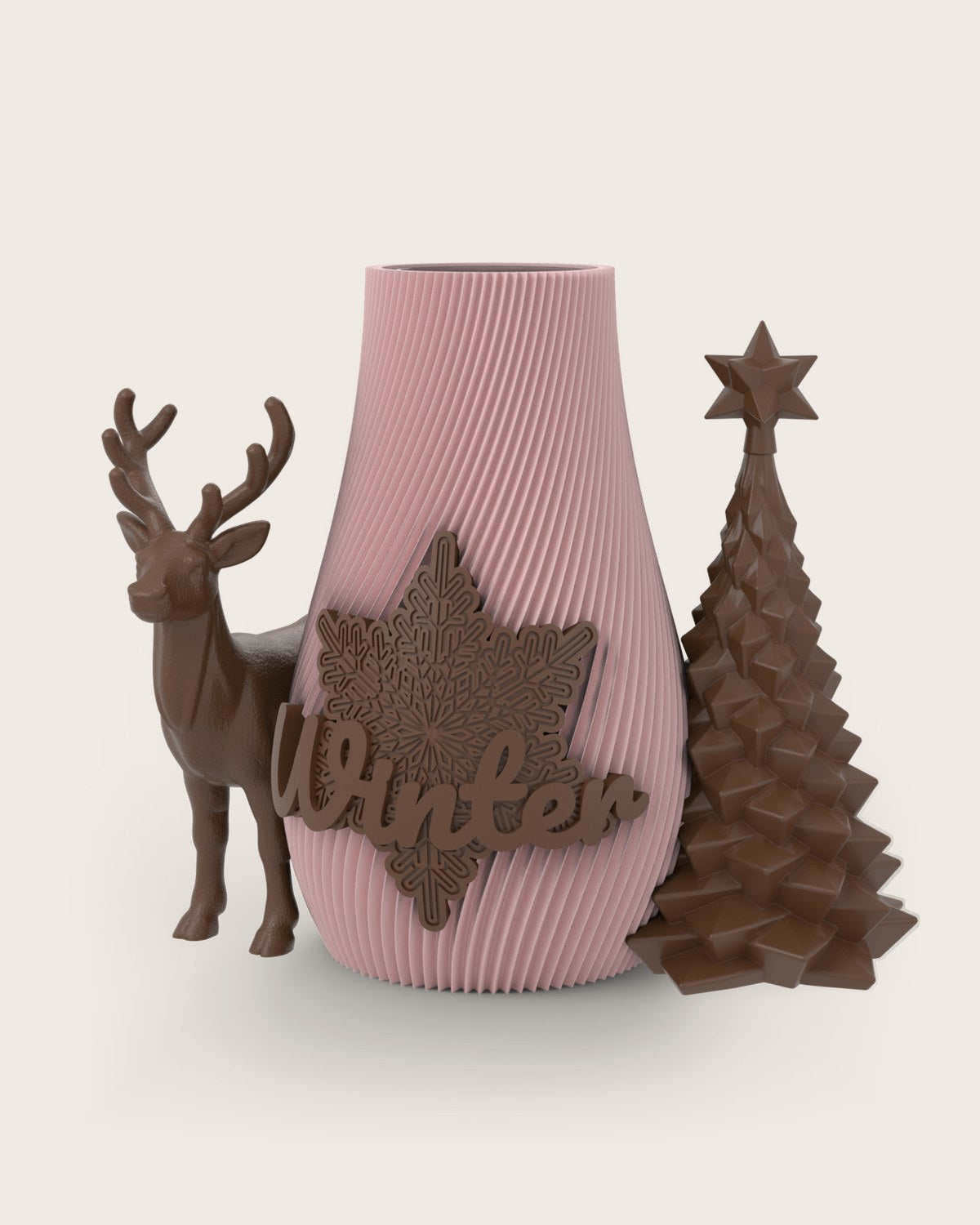 Weihnachtsvase Clipvase in Rosa mit Clips „Winter“, Rentier und Tannenbaum in Kupfer