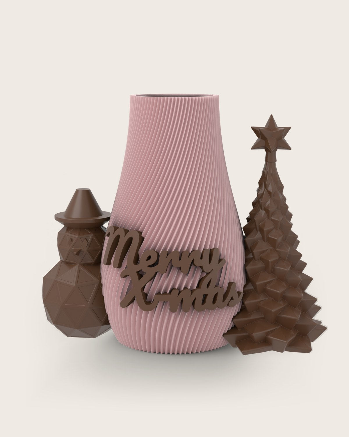 Weihnachtsvase Clipvase in Rosa mit Clips „Merry X-Mas“, Schneemann und Tannenbaum in Kupfer