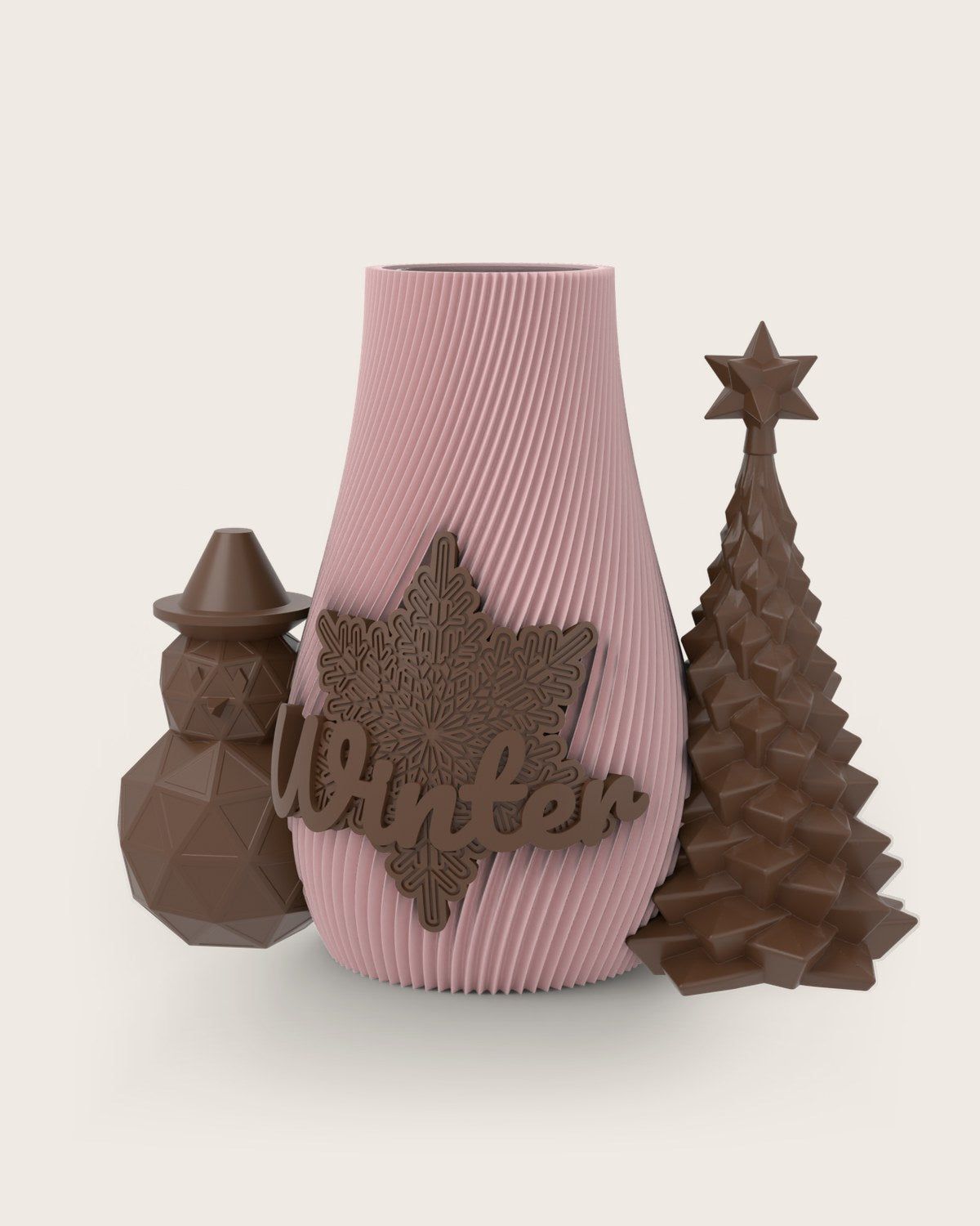 Weihnachtsvase Clipvase in Rosa mit Clips „Winter“, Schneemann und Tannenbaum in Kupfer