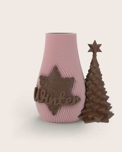 Weihnachtsvase Clipvase in Rosa mit Clips „Winter“ und Tannenbaum in Kupfer