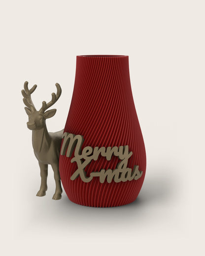 Weihnachtsvase Clipvase in Rubin mit Clips „Merry X-Mas“ und Rentier in Gold