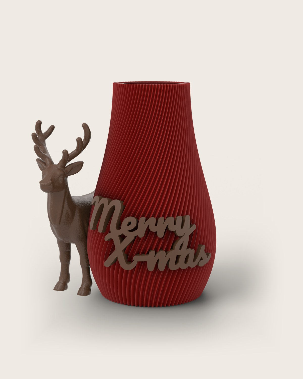 Weihnachtsvase Clipvase in Rubin mit Clips „Merry X-Mas“ und Rentier in Kupfer
