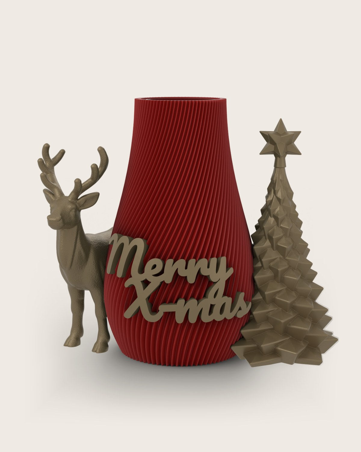 Weihnachtsvase Clipvase in Rubin mit Clips „Merry X-Mas“, Rentier und Tannenbaum in Gold