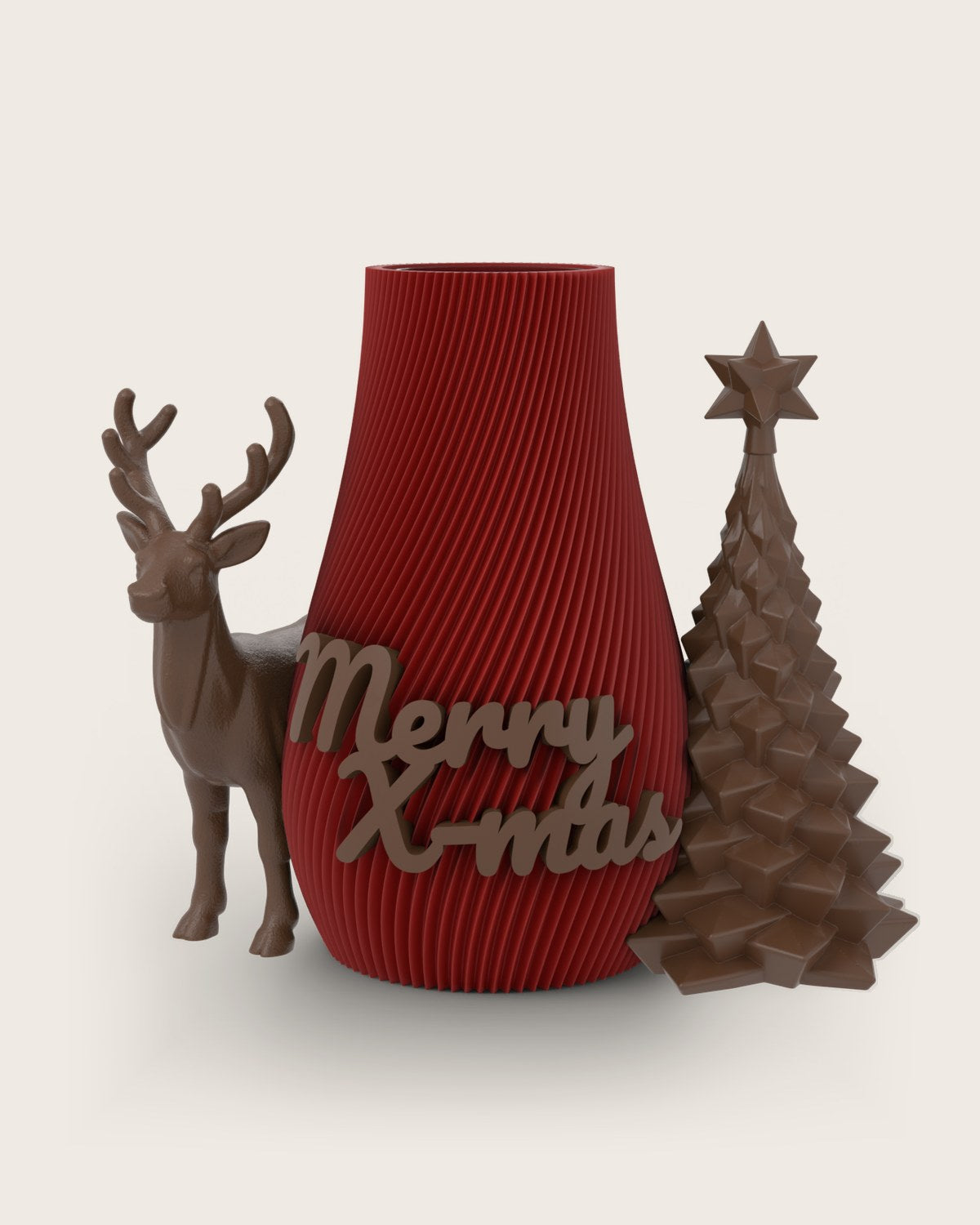Weihnachtsvase Clipvase in Rubin mit Clips „Merry X-Mas“, Rentier und Tannenbaum in Kupfer