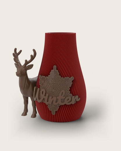 Weihnachtsvase Clipvase in Rubin mit Clips „Winter“ und Rentier in Kupfer