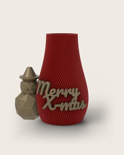 Weihnachtsvase Clipvase in Rubin mit Clips „Merry X-Mas“ und Schneemann in Gold