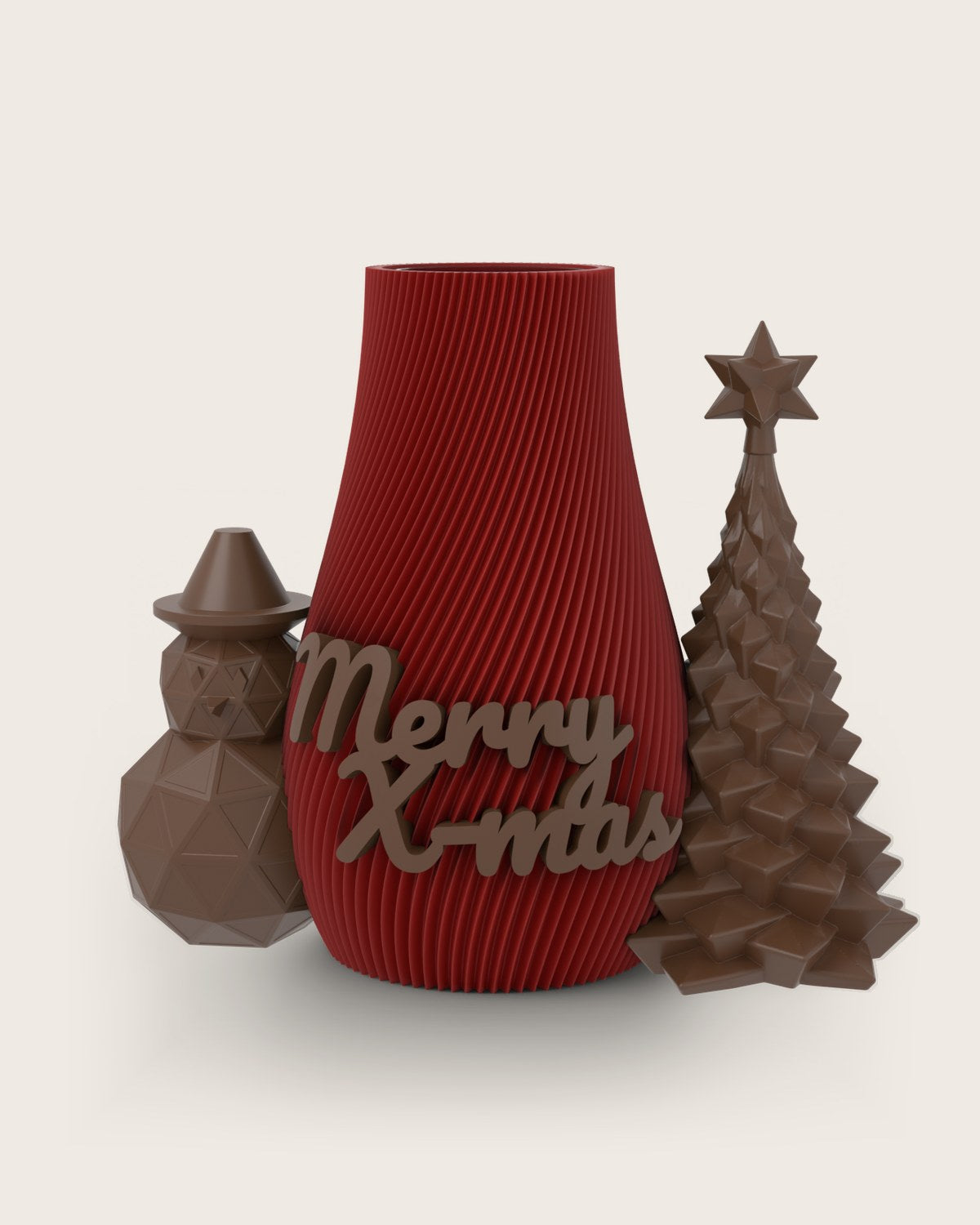 Weihnachtsvase Clipvase in Rubin mit Clips „Merry X-Mas“, Schneemann und Tannenbaum in Kupfer