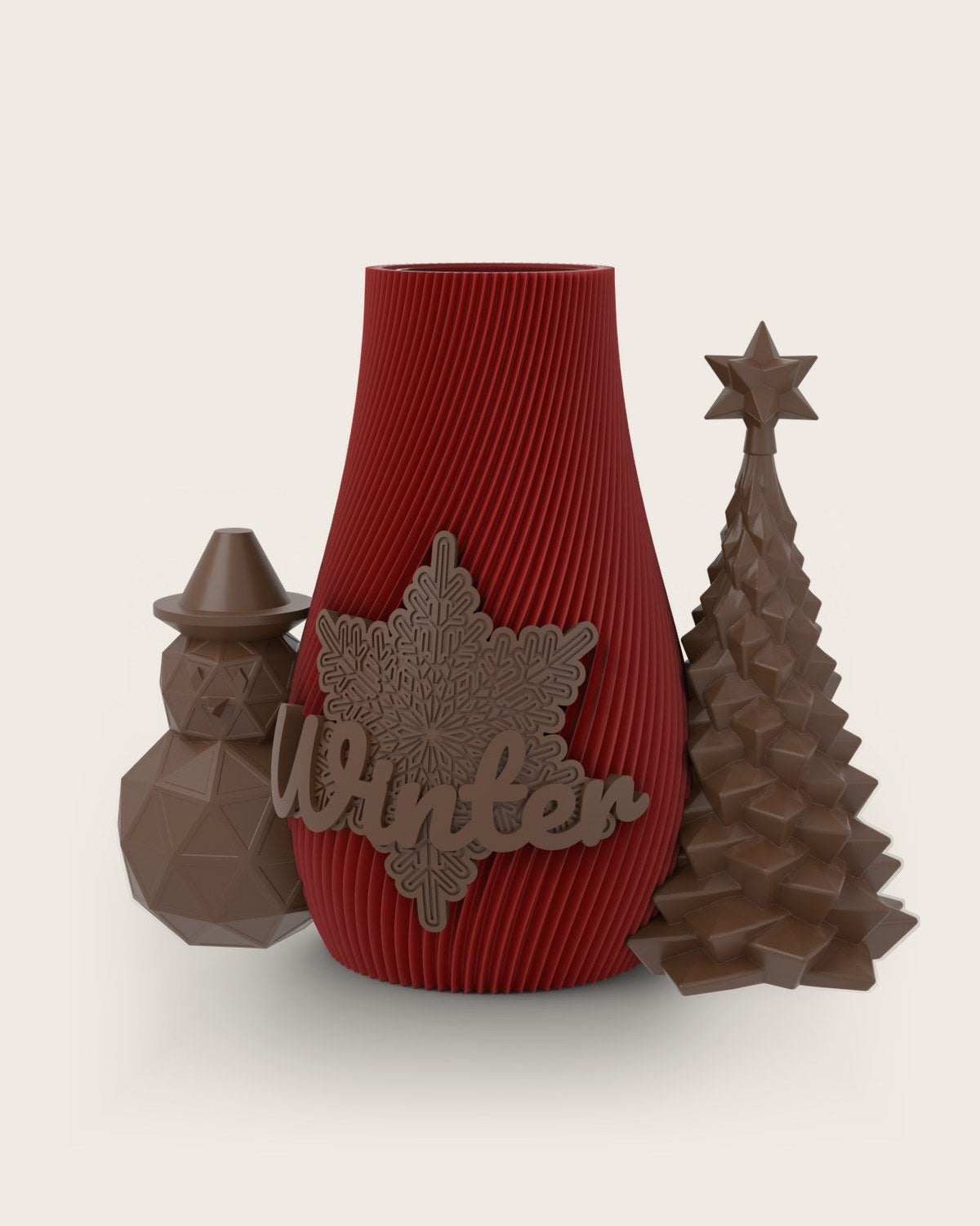 Weihnachtsvase Clipvase in Rubin mit Clips „Winter“, Schneemann und Tannenbaum in Kupfer