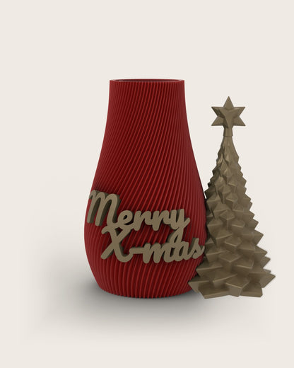 Weihnachtsvase Clipvase in Rubin mit Clips „Merry X-Mas“ und Tannenbaum in Gold