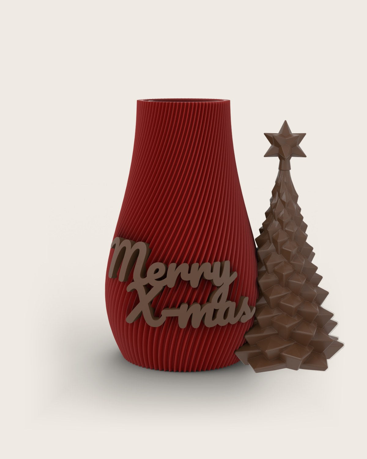 Weihnachtsvase Clipvase in Rubin mit Clips „Merry X-Mas“ und Tannenbaum in Kupfer