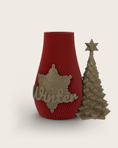 Weihnachtsvase Clipvase in Rubin mit Clips „Winter“ und Tannenbaum in Gold