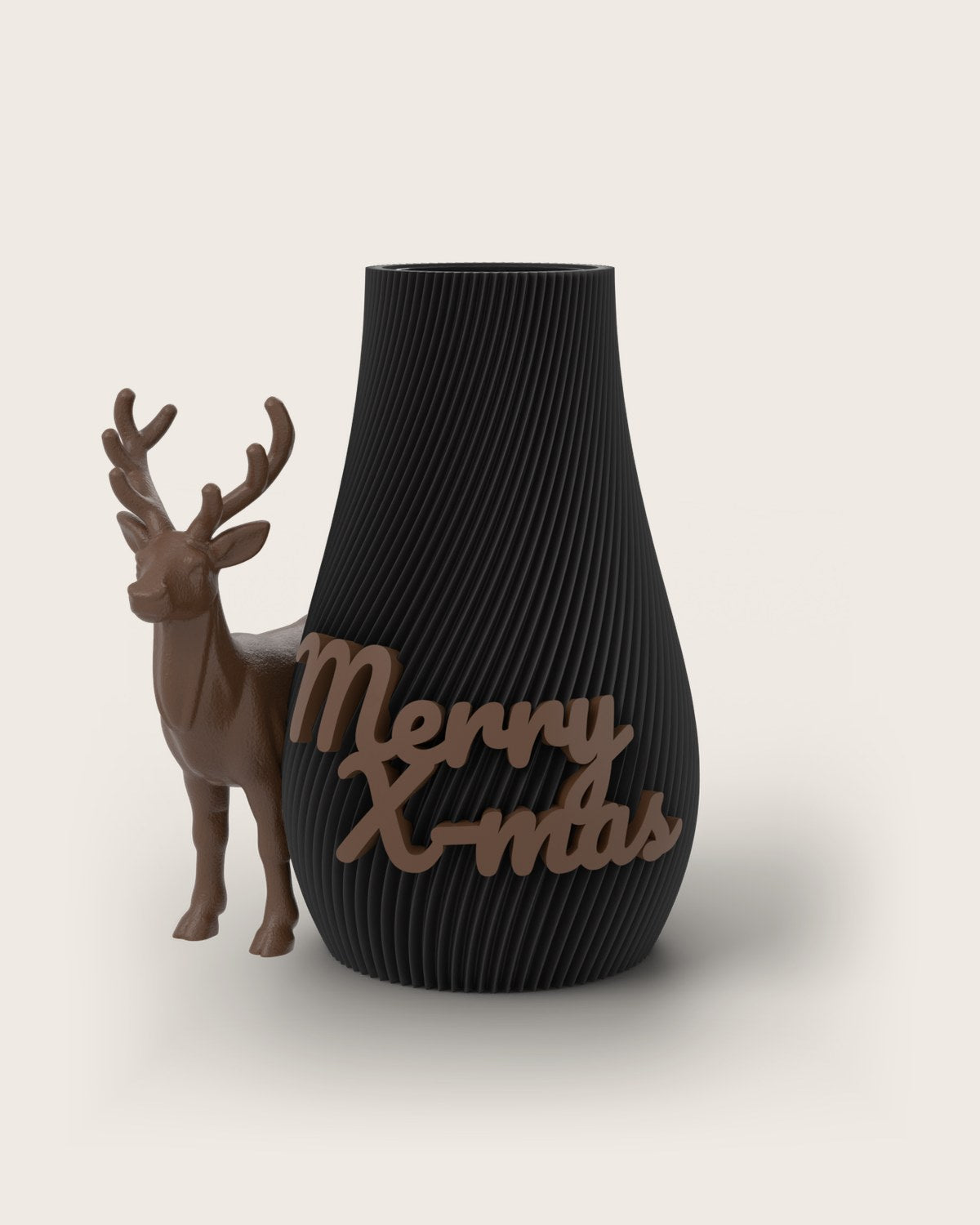 Weihnachtsvase Clipvase in Schwarz mit Clips „Merry X-Mas“ und Rentier in Kupfer
