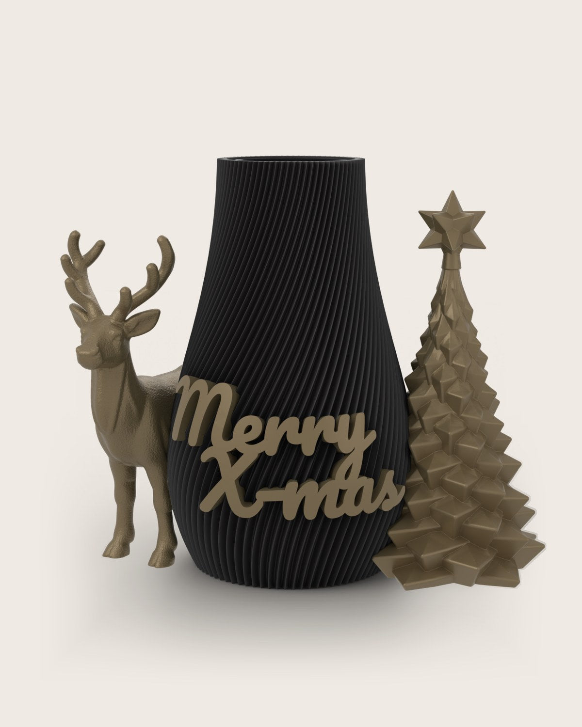 Weihnachtsvase Clipvase in Schwarz mit Clips „Merry X-Mas“, Rentier und Tannenbaum in Gold