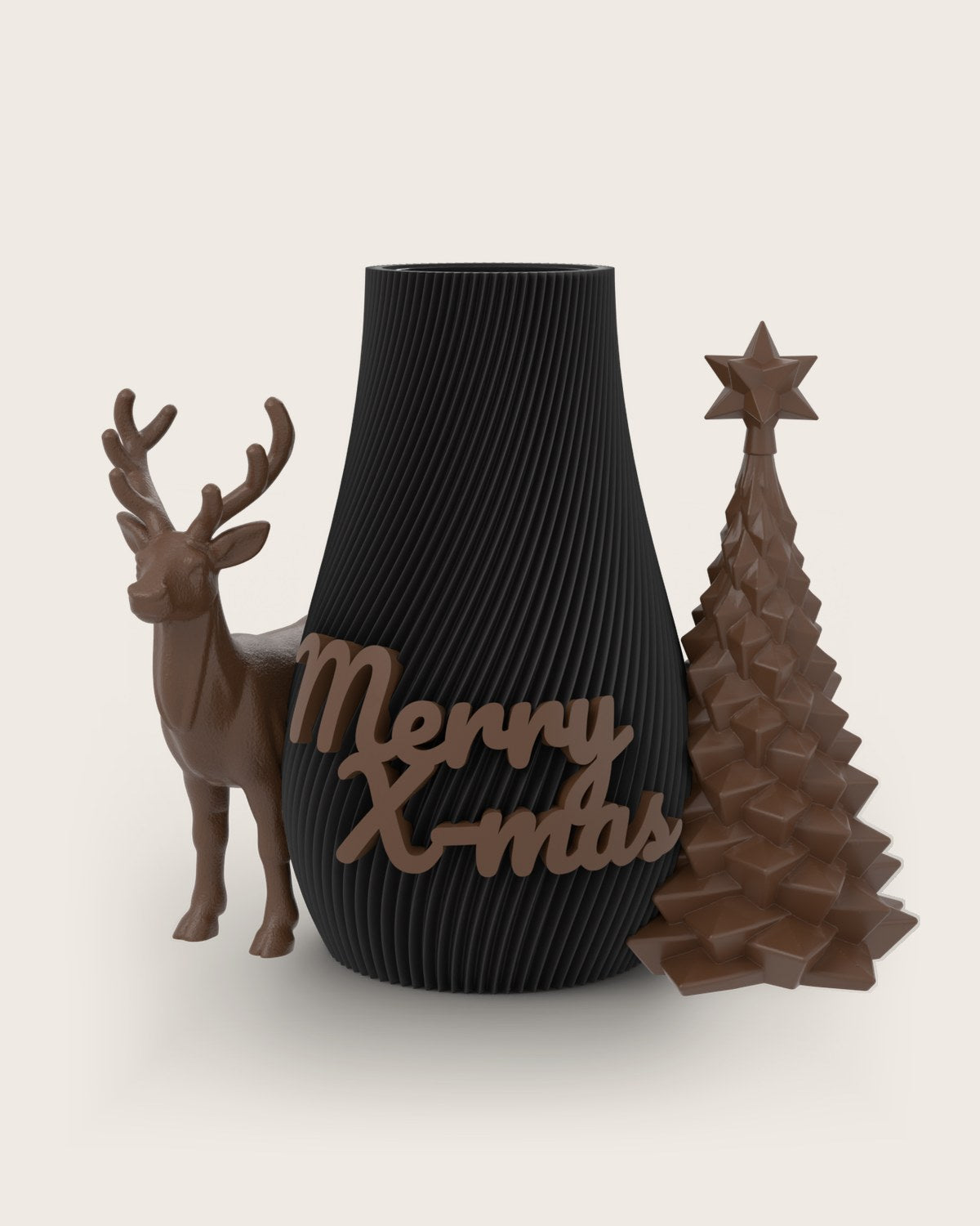 Weihnachtsvase Clipvase in Schwarz mit Clips „Merry X-Mas“, Rentier und Tannenbaum in Kupfer