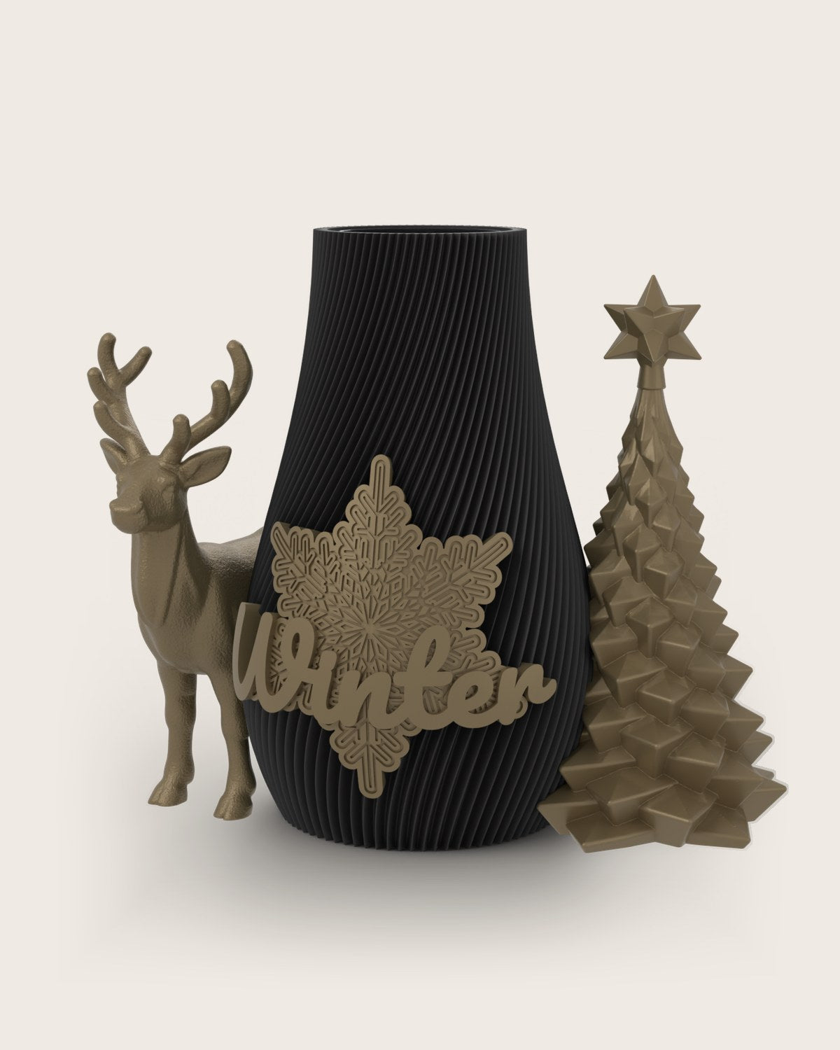 Weihnachtsvase Clipvase in Schwarz mit Clips „Winter“, Rentier und Tannenbaum in Gold