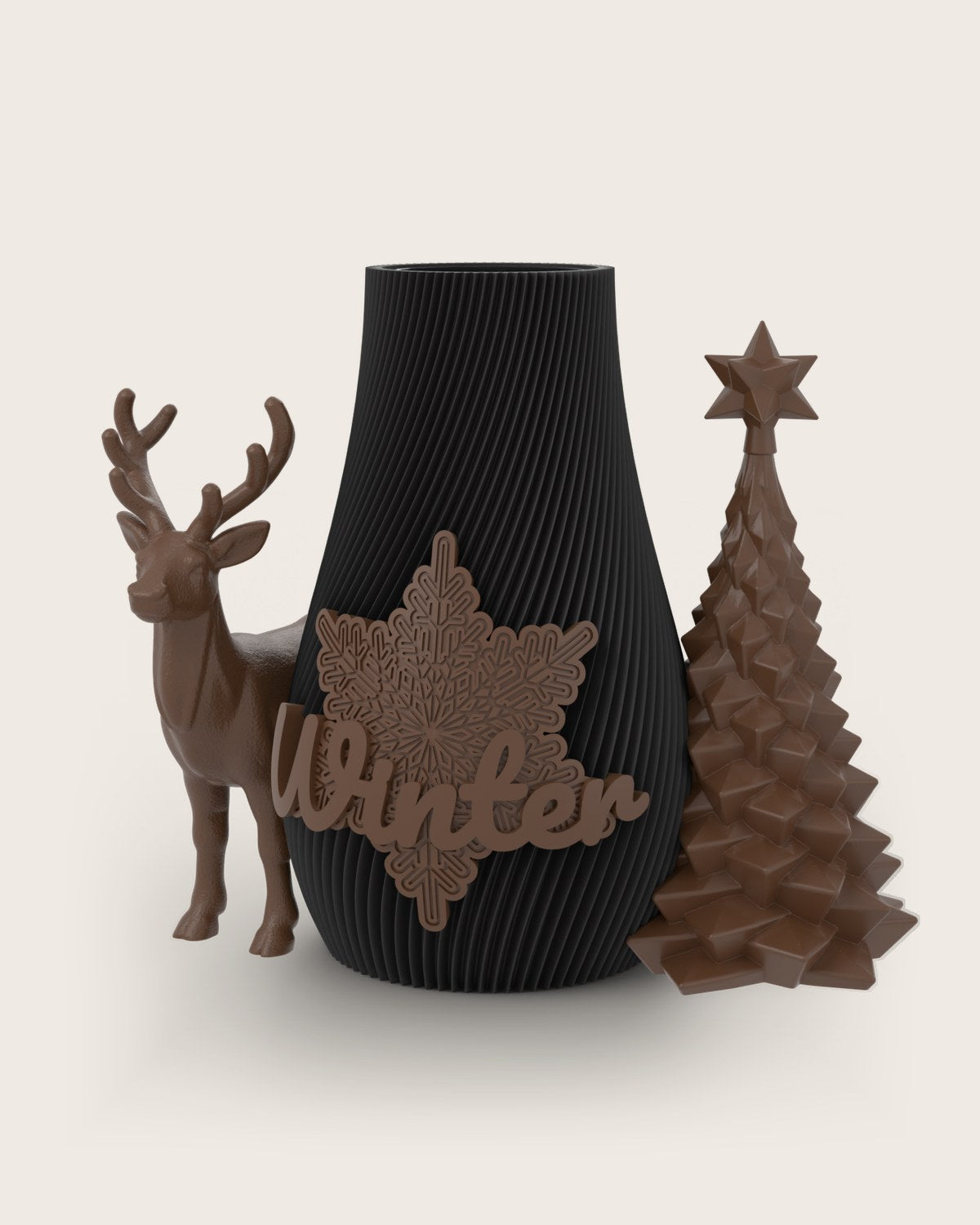 Weihnachtsvase Clipvase in Schwarz mit Clips „Winter“, Rentier und Tannenbaum in Kupfer