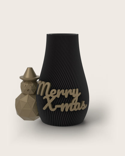 Weihnachtsvase Clipvase in Schwarz mit Clips „Merry X-Mas“ und Schneemann in Gold