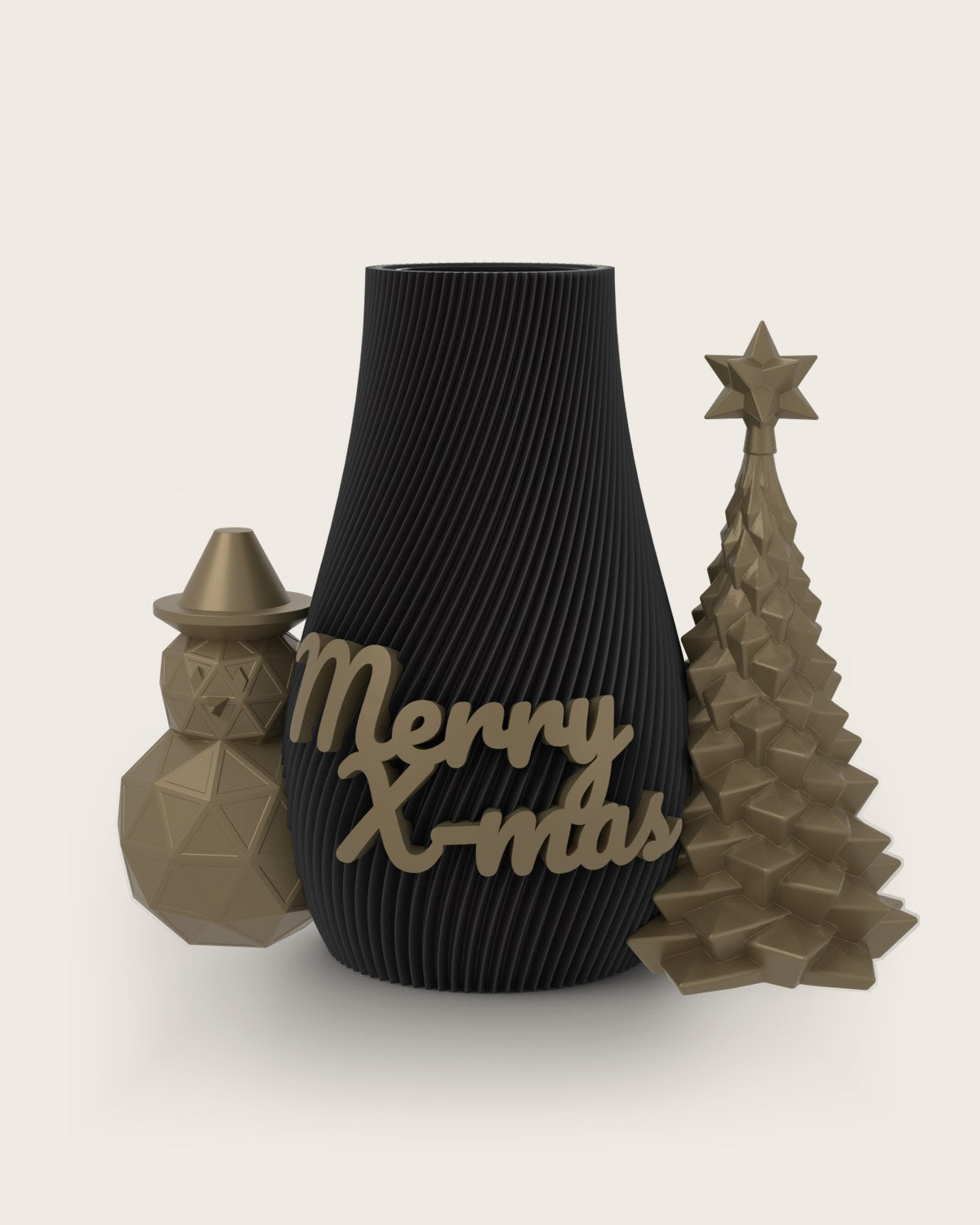 Weihnachtsvase Clipvase in Schwarz mit Clips „Merry X-Mas“, Schneemann und Tannenbaum in Gold